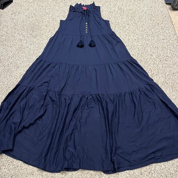 Lilly Pulitzer Malone Maxi Dress Navy Sz XS Tiered Tassels Resortwear Coastal - Picture 2 of 7